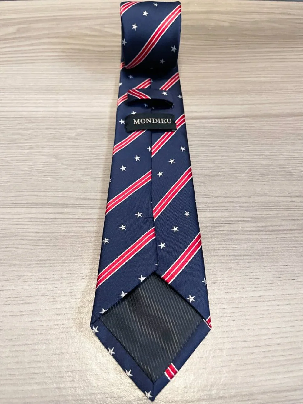 Mondieu Men's 100% Silk Tie Navy Red White Stars Stripes Patriotic Necktie